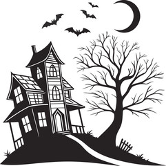 Classic black and white silhouette of a spooky haunted house design