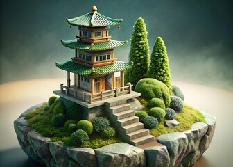 Enchanting miniature japanese pagoda on a floating island