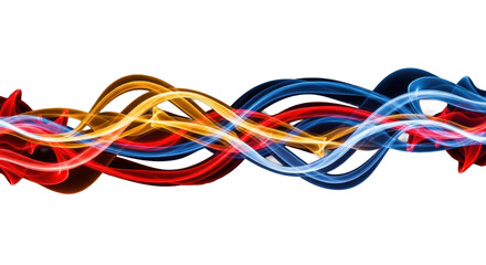 Luminous abstract art: fiery red, orange, yellow smoke intertwining with electric blue, cyan streams on deep black, horizontal flow, motion blur. Concept of duality and harmony