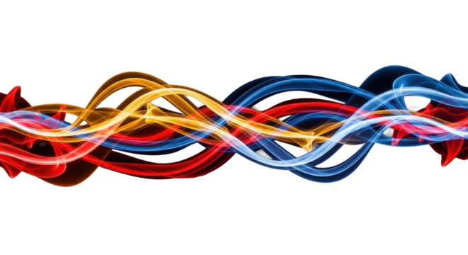 Luminous abstract art: fiery red, orange, yellow smoke intertwining with electric blue, cyan streams on deep black, horizontal flow, motion blur. Concept of duality and harmony