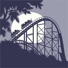 a thrilling roller coaster ride under moonlight surrounded by trees