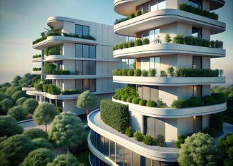 Modern futuristic apartment buildings with abundant greenery and balconies