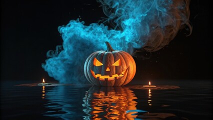 Spooky jackolantern with eerie blue smoke and candles on dark water