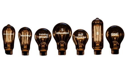 Glowing vintage light bulbs in a row, each illuminating a word (e.g., 'knowledge', 'growth') inside against a black background, low-key still life, concept of enlightenment and personal growth