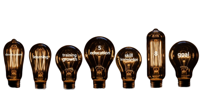 Glowing vintage light bulbs in a row, each illuminating a word (e.g., 'knowledge', 'growth') inside against a black background, low-key still life, concept of enlightenment and personal growth