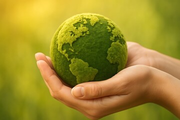 Hands gently hold a green earth globe symbolizing environmental care
