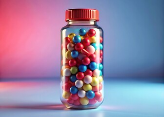 Colorful gumballs filling a clear glass jar with a red lid