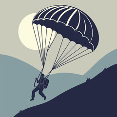 a parachutist glides over serene mountains under glowing moonlight