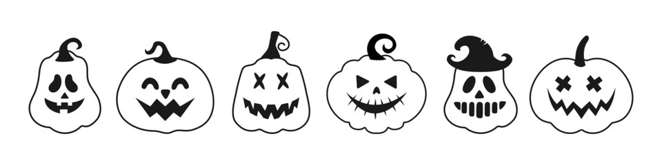 Halloween pumpkin vector set. Funny   icons with spooky monster faces. Isolated design elements for stickers, labels, banners, posters, and holiday decorations.