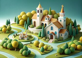 Charming miniature village with churches and winding paths