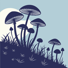 mushrooms growing in grass under moonlight scene