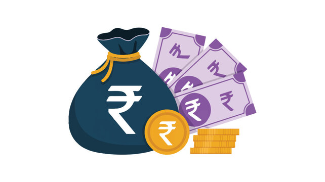 Vector art of money bag with indian rupees and coins