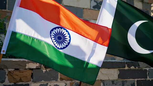 India and Pakistan National Flags Waving Side by Side Outdoors