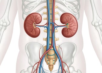 Anatomical illustration of the human kidneys and major blood vessels