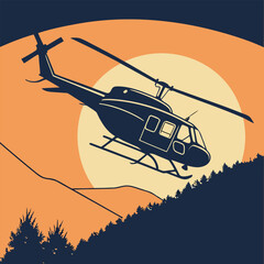 helicopter flying over forest silhouette against glowing sunset sky