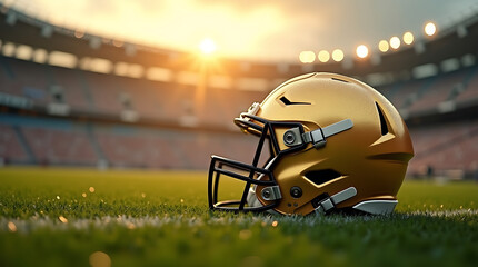Close-up of a golden American football helmet on a green stadium field with stadium lights sports