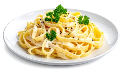 Creamy pasta dish on a white plate
