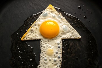 Fried egg shaped like an upward arrow on a dark surface