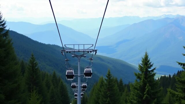 Cable cars traveling over a lush forest with mountains in the distance. Cable cars are seen gliding over a dense forest, with expansive mountain ranges in the background.