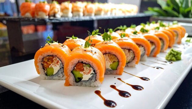 Salmon sushi rolls on a platter