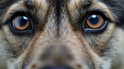 Close up macro photograph of dog face focusing on detailed eyes and fur texture, showing intense and curious expression
