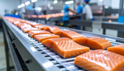 Salmon fillets on a conveyor belt in a food processing facility
