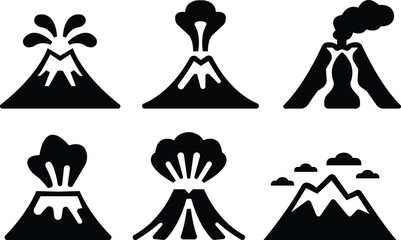 Volcano eruption flat icons set. Depicting eruption with smoke cloud, ash for education resources. Natural disaster symbols of mountain, lava, explosion, earth science, environment hazard vectors.