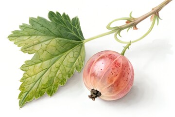 Watercolor painting of a single gooseberry with a large green leaf and stem Keywords: gooseberry