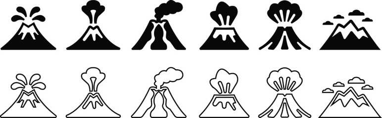 Volcano eruption flat, line icon set. Depicting eruption with smoke cloud, ash for education resources. Natural disaster symbol of mountain, lava, explosion, earth science, environment hazard vectors.