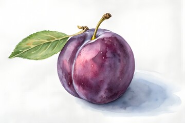Watercolor painting of a single ripe purple plum with a leaf on white background Keywords: plum