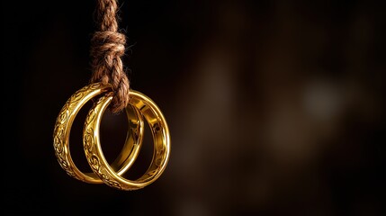 Golden wedding rings elegantly suspended on delicate rope close-up, crisp metallic reflections showing engraving