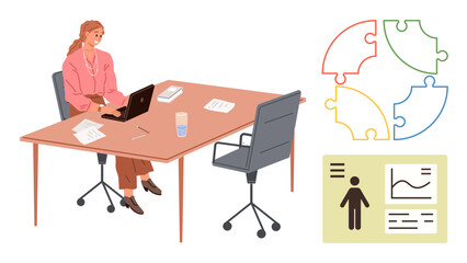Fototapeta premium Businesswoman working at desk with papers, laptop, puzzle chart, and analytics graphics. Ideal for teamwork, data analysis, organization, business strategy planning leadership education. Simple