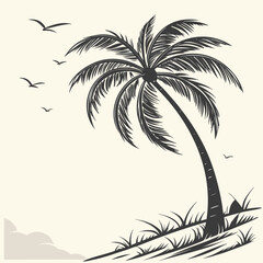 Fototapeta premium a serene beach scene with palm tree birds flying