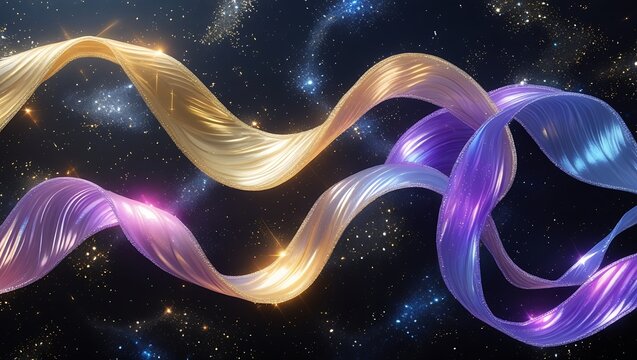 Golden and violet glowing ribbons swirling like cosmic energy streams across a deep black background with shimmering particles.