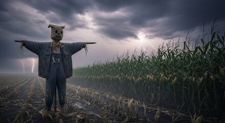 Spooky scarecrow stands guard in stormy cornfield with lightning striking dramatically