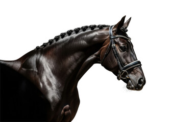 A majestic dark bay horse with a meticulously braided mane and elegant bridle, its powerful form highlighted by rim light in a dramatic low-key studio, equine dignity and timeless elegance