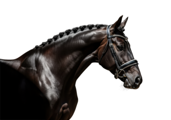 A majestic dark bay horse with a meticulously braided mane and elegant bridle, its powerful form highlighted by rim light in a dramatic low-key studio, equine dignity and timeless elegance