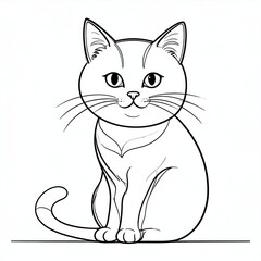 Cute cartoon cat, black and white line drawing, sitting