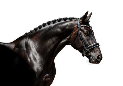 A majestic dark bay horse with a meticulously braided mane and elegant bridle, its powerful form highlighted by rim light in a dramatic low-key studio, equine dignity and timeless elegance