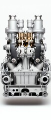 Fototapeta premium Close-up view of a complex mechanical engine with intricate parts and metallic design, showcasing engineering excellence.