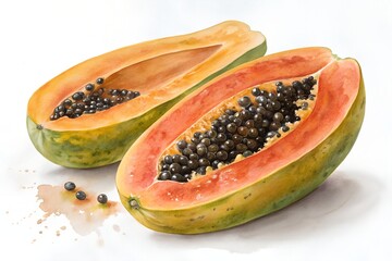 Watercolor illustration of a halved papaya with black seeds on a white background fruit tropical
