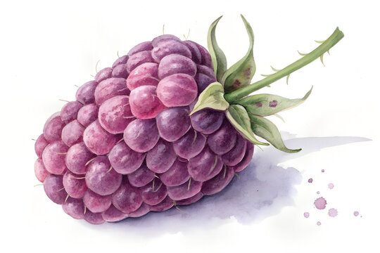 Watercolor illustration of a ripe purple blackberry with stem and leaves fruit dark purple