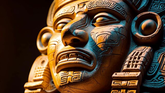 Ancient Aztec stone sculpture face with intricate carvings and dramatic lighting showcasing cultural heritage and historical craftsmanship