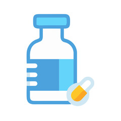 Blue medical bottle and capsule on black background