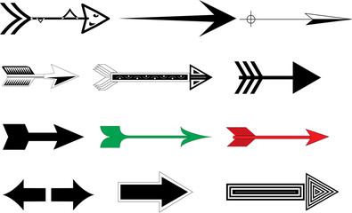 A diverse collection of twelve stylized arrow icons and symbols, featuring various designs, colors, and shapes.