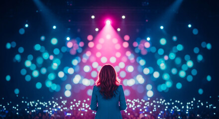 Back view of famous singer standing on stage in front of microphone during concert with colorful spotlights