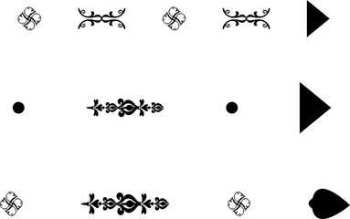 A collection of black and white decorative elements including floral dividers, geometric symbols, dots, and solid arrow shapes.