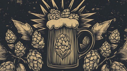 Vintage beer mug illustration with hops and barley, perfect for brewery branding, beer label design, or oktoberfest themed graphics and advertising