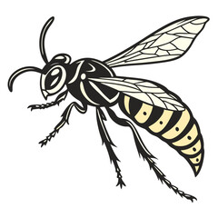 Stylized illustration of a black and yellow wasp in flight