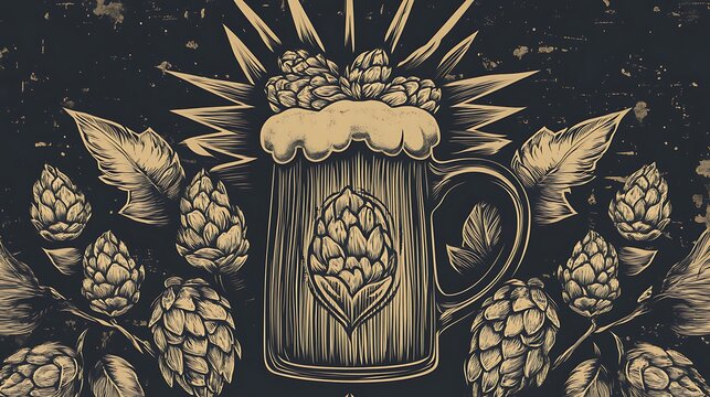 Vintage beer mug illustration with hops and barley, perfect for brewery branding, beer label design, or oktoberfest themed graphics and advertising